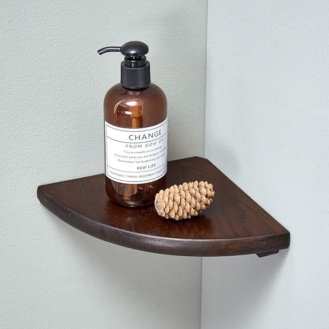 Corner Shelf, 7inch Solid Walnut Wood Floating Corner Shelf Wall Mount Round End Floating Speaker Rack with Wire Hole for Small Plant Photo Frame for Bedroom Kitchen, Living Room