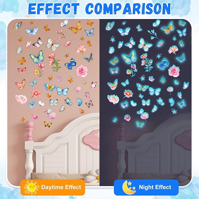 Glow in The Dark Butterfly Flower Wall Decals Glowing Luminous Butterflies Removable Self-Adhesive Wall Stickers for Girls Bedroom Nursery Living Room Decor 4 Sheets (Butterfly 3)
