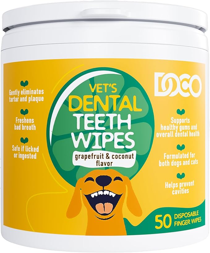 DOCO Dog Teeth Cleaning Wipes Dental Finger Wipes for Cats & Dogs Remove Plaque & Tartar, Freshen Breath, No Rinse, Easy Pet Tooth Cleaning Kit for Oral Care, Coconut & Grapefruit Flavor, 50 Count