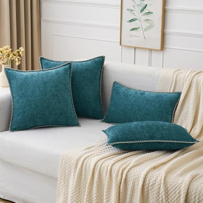 MIULEE Pack of 2 Couch Throw Pillow Covers 16x16 Inch Dark Teal Farmhouse Decorative Pillow Covers with Stitched Edge Soft Chenille Solid Dyed Spring Pillow Covers for Sofa Bed Living Room