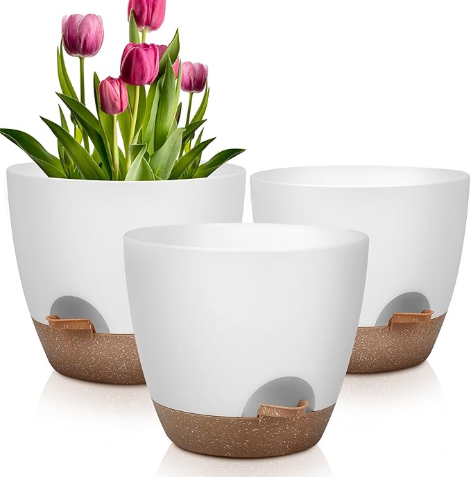 Plant Pots 12/10/9 Inch Self Watering Pots, Set of 3 Plastic Planters with Drainage Holes and Saucers,Plastic Flower Pots,Nursery Planting Pot for Indoor Out Door Plants(White)