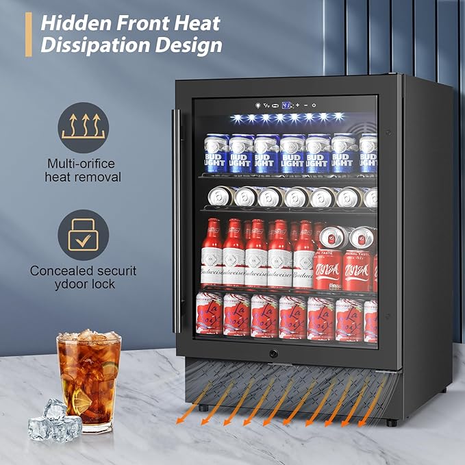 Tylza Beverage Refrigerator 24 Inch, Under Counter/Freestanding Drink Fridge, 190 Cans Beverage Cooler with Glass Door, Reversible Door, Low Noise, Quick Cooling - for Beer, Soda, ETC, Black