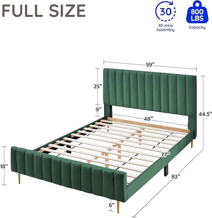 Livinia Full Size Elton Velvet Platform Bed, Upholstered Bed Frame with Vertical Channel Tufted Headboard Footboard, Strong Wood Slats, No Box Spring Needed, Green (Full)