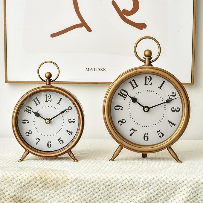 EMAX Home Vintage Small Table Clock on Stand,Desk and Shelf Clock Decorative Farmhouse Mantel Non-Ticking Clock Rustic Metal Frame with Antique Gold Finish 9.3 Inch…