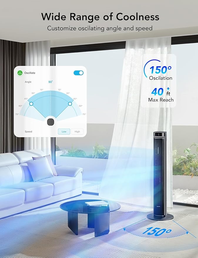 GoveeLife 42'' Tower Fan for Bedroom, Smart Floor Fans with 150° Adjustable Oscillating, APP & Voice Control, 5 Modes 12 Speeds up to 26ft/s, 24H Timer, 27dB Quiet Fan for Cooling Home Office Silver