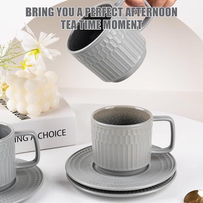 Large Cappuccino Cups with Saucers Set of 4, 8 Ounce Stackable Embossed Ceramic Coffee Mugs for Specialty Coffee Drinks, Latte, Cafe Mocha and Tea, Dishwasher & Microwave Safe (Grey)