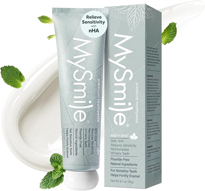 MySmile Fluoride Free Toothpaste, Nano Hydroxyapatite Toothpaste for Sensitive Teeth, Strengthens Enamel, Remineralizes & Whitens Teeth, Freshens Breath for Adults, SLS Free, Natural Misty Mint, 4.2oz