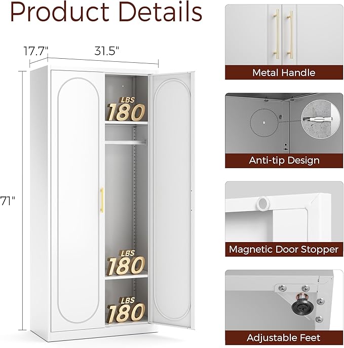 71" White Wardrobe Closet with 2 Doors, Metal Armoire Wardrobe Cabinet with Hanging Rod and Adjustable Shelves, Clothing Storage Cabinets for Bedroom, Laundry Room, Home Office