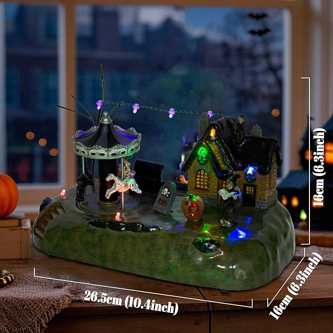 Animated Halloween Carousel Village House, LED Spooky Festival Display Collection Battery Operate, Indoor Use only