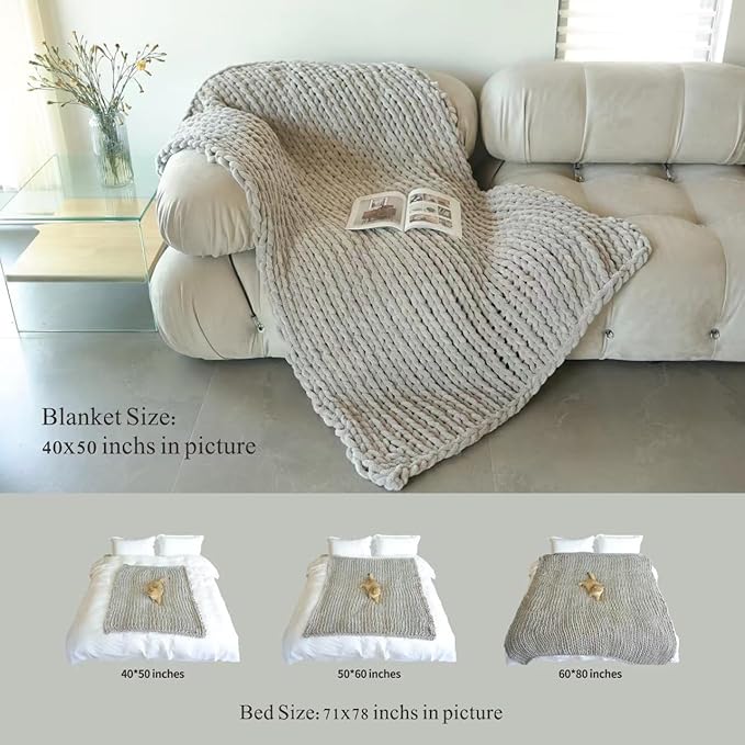 Maetoow Tighter Version Chenille Chunky Knit Blanket Throw 40×50 Inch, Handmade Warm & Cozy Blanket Couch, Bed, Home Decor, Soft Fleece Banket, Boho Thick Blankets and Giant Yarn Throws，Rose Pink