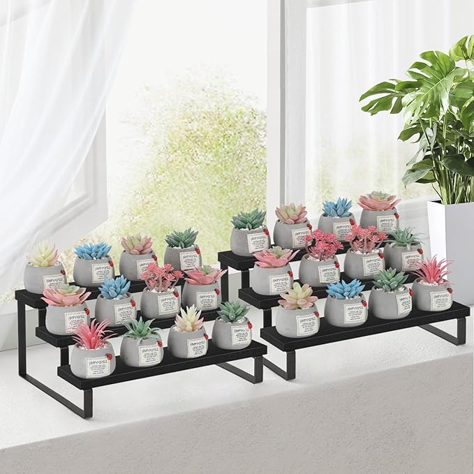 YINMIT Wooden Display Riser Stand, Tiered Perfume and Cologne Organizer Stand, 3 Tier Spice Rack Organizer, Rustic Display Shelf for Candles (3 Tier,2Pack,Black)