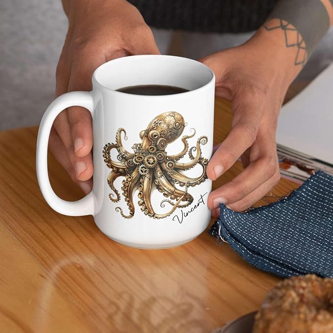 Personalized Unique Name Ceramic Mug 11oz, Customized Steampunk Octopus Mug With Mechanical Themed, Gear-Filled Octopus White Coffee Mug, Gift For Friends, Coworkers, Kids Mug