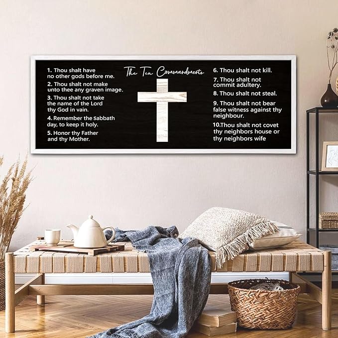 Ten Commandments Rustic Bible Verse Framed Wall Decor, 40" x 15", Religious Christian Slogan Representing a Prayer to God Jesus Christ, Vintage Horizontal Holy Inspirational Catholic Scripture Decor