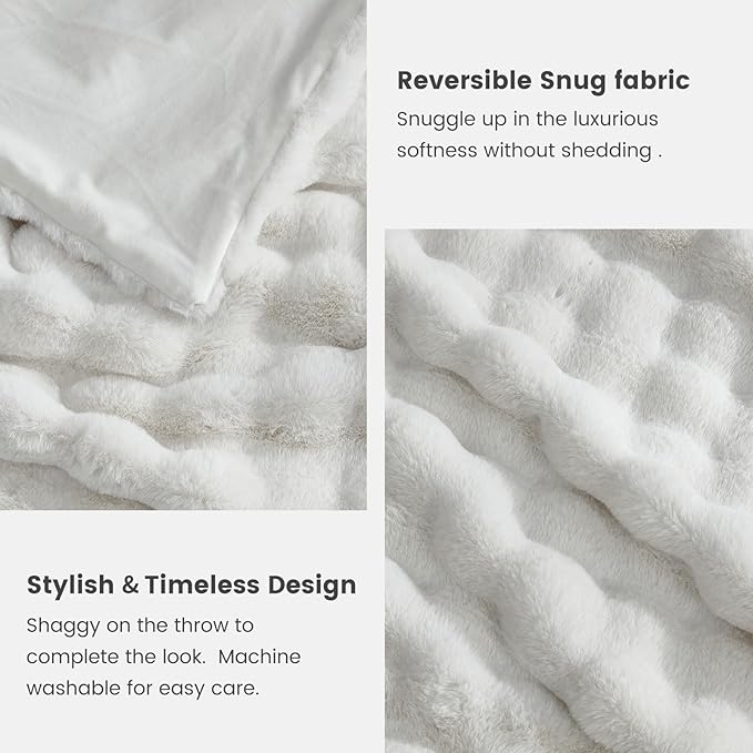 Cozy Bliss Faux Fur Throw Blanket for Couch, Fuzzy Soft Plush Thick Bubble Blanket for Sofa Bedroom Living Room, 90 * 90 Inches Cream White