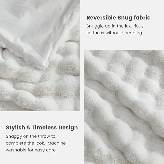 Cozy Bliss Faux Fur Throw Blanket for Couch, Fuzzy Soft Plush Thick Bubble Blanket for Sofa Bedroom Living Room, 108 * 90 Inches Cream White
