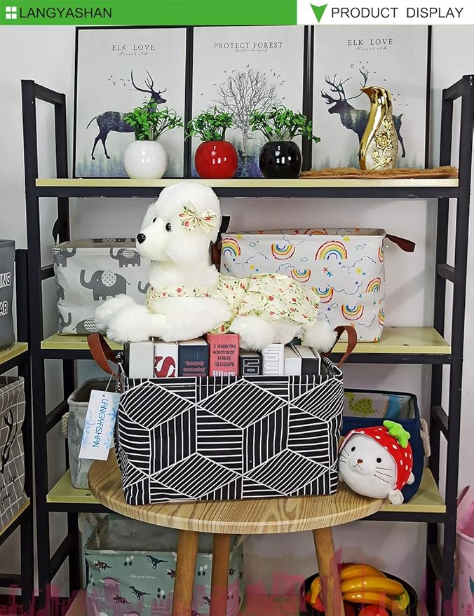 LANGYASHAN Rectangular Storage Bin Collapse Canvas Fabric Cartoon Storage Basket with Handles for Organizing Home Kitchen Boys and Girls Toys Office Closet Shelf Baskets (Black Diamond)