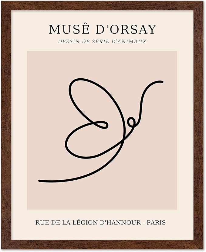 Poster Master Vintage Poster - Retro One Line Butterfly Drawing Print - Butterfly Line Art - Minimal Gift for Him, Her, Animal Lover - Abstract Decor for Home, Office, 11x14 Brown Framed