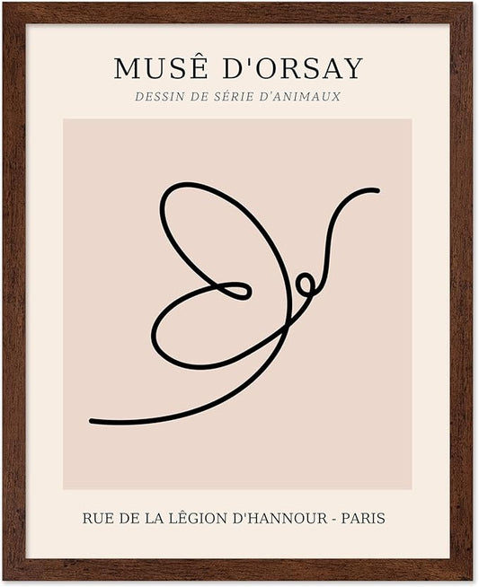 Poster Master Vintage Poster - Retro One Line Butterfly Drawing Print - Butterfly Line Art - Minimal Gift for Him, Her, Animal Lover - Abstract Decor for Home, Office, 16x20 Brown Framed