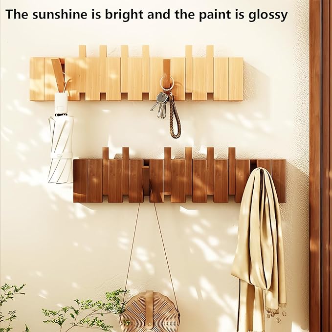 Wall Mounted Piano Key Hanger | Flip Style Hook | Entrance Wall Art Hook, Made of Oak Wood (3 Times Painted, 4 Times Polished) (Beech, 8Hooks)