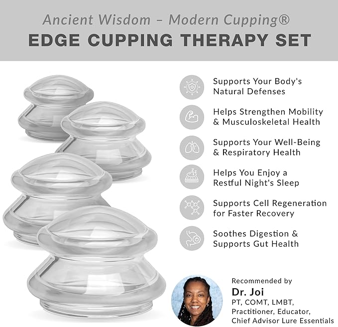 Lure Essentials Edge Silicone Cupping Set, Cupping Kit for Massage Therapy, Long Lasting Cups for Professional & Home Use, Body Sculpt Cup for Cellulite, Ultra Transparent Clear (8 Count)