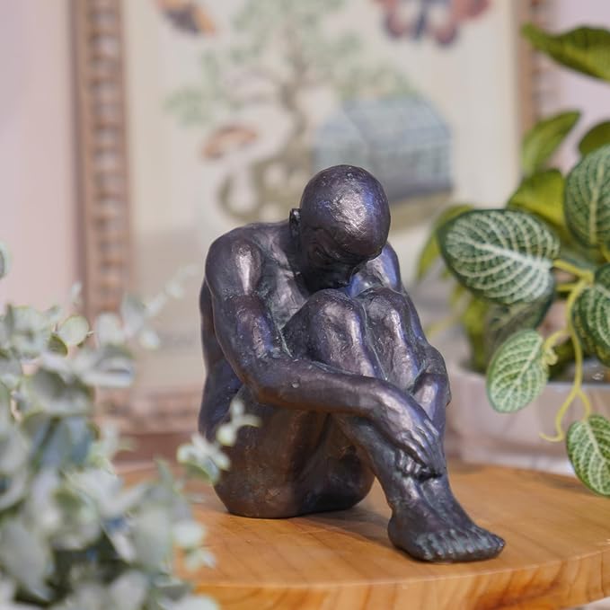 Guichifun Sitting Man Sculptures Home Decor - Resin Bronze Male Holding Arms Legs Lonely Statues Decorative Objects Outdoor Gift for Men 7.5 x 3.7 x 5.8 Inch