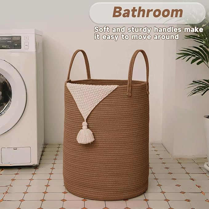 Large Woven Laundry Basket Hamper,80L Cotton Rope Storage Bin for Blankets,Toys and Clothes,Decorative Tall Nursery Hamper for Living Room,Baby Nursery,Bathroom and Bedroom,Golden Jute