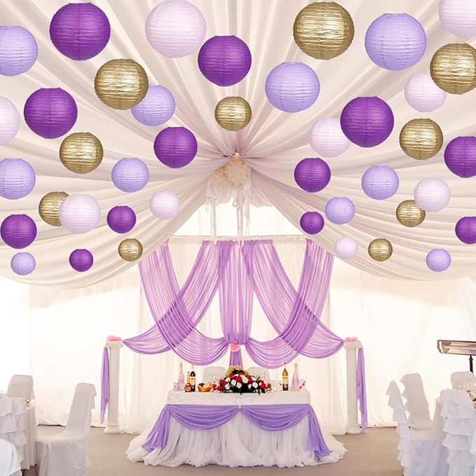 Paper Lanterns Purple Gold Round Hanging Chinese Lanterns for Birthday Baby Shower Bachelorette Party Decorations Pack of 12