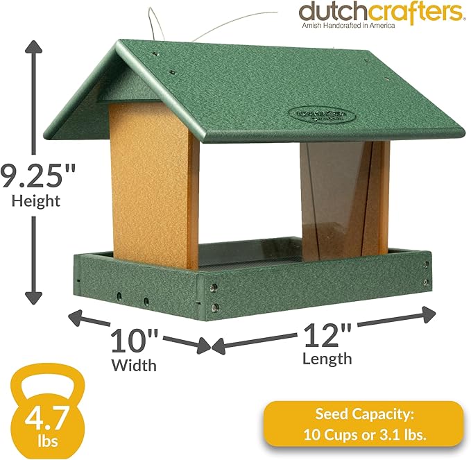Poly Hanging Hopper Bird Feeder, Large Hanging Bird Feeder for Outside, Outdoors - Amish American Made (Turf Green & Cedar)