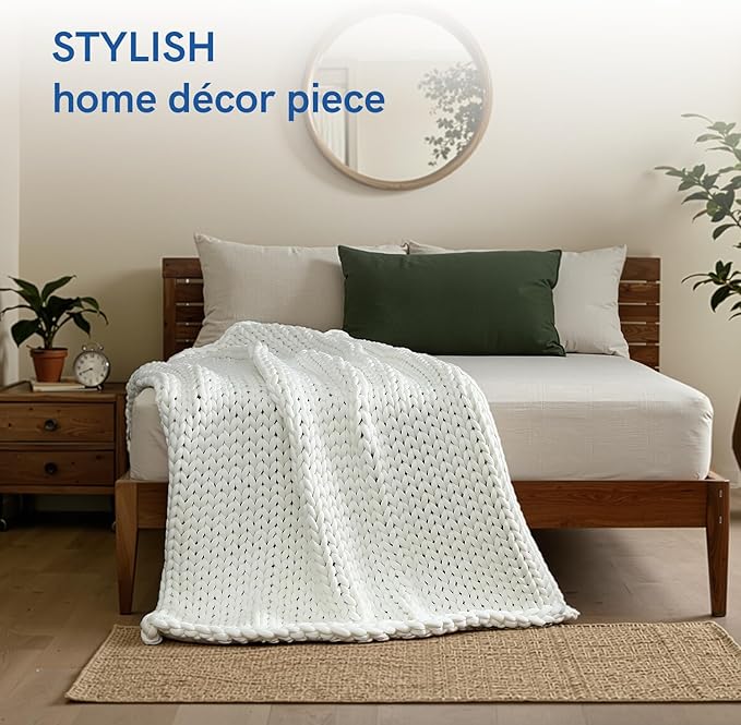 YnM Cooling Chunky Throw Blanket, Medium-Weight, Hand Knitted, Skin Friendly, Ventilated and Breathable, Machine Washable, Home Décor Piece for Couch, Sofa and Bed (White, 60x80 Inch)