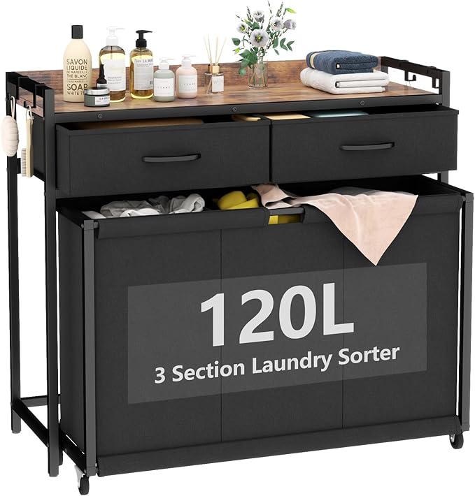 Laundry Hamper Laundry Basket with 3 Section Pull-Out Rolling Bags, Laundry Sorter for Organization and Storage with 2 Pull-Out Drawers for Laundry Room, Bathroom, Bedroom Use (Rustic Brown)