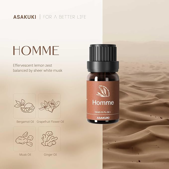 ASAKUKI Essential Oils Set – 6×10ml Cologne-Inspired Unisex Fragrance Oils for Diffusers – Elegant, Clean, and Confident Scents Loved by Women and Men