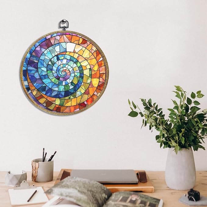 Colorful Boho Rainbow Geometric Spiral Sun Art Gift Framed Round Wall Decor Canvas Wall Art Hanging Prints Artwork for Home Office Porch Nursery Bedroom Living Room Decorations 10.2X10.2 Inch