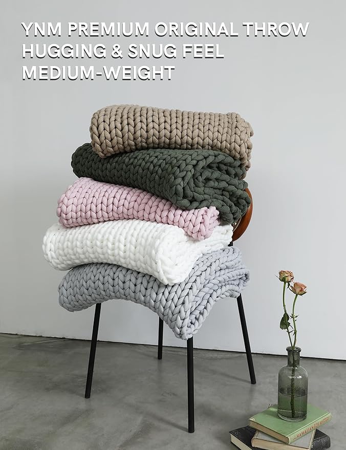 YnM Chunky Throw Blanket, Medium-Weight, Hand Knitted, Skin Friendly, Ventilated and Breathable, Machine Washable, Home Décor Piece for Couch, Sofa and Bed (White, 40x50 Inch)