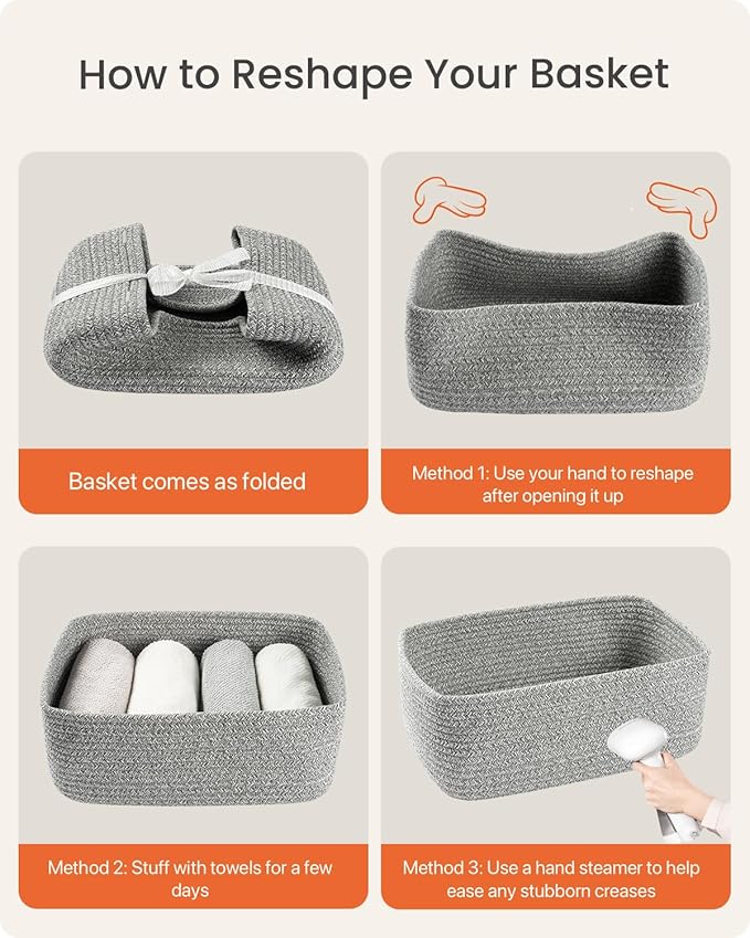 KALLAX Small Woven Basket, 13.5 x 9.5 x 5 Inches, Storage Basket for Organizing, Cute Small Rope Shelf Closet Cube Storage Bins Baskets for Shelves, Dog Toy Gift Baskets Empty, 3 Packs, Mixed Grey
