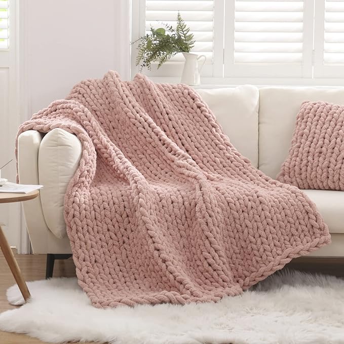 WESHIONGOO Chunky Knit Blanket Throw 50"×60" Knitted Throw Blankets for Couch Bed Fluffy Soft Blanket with Jumbo Chenille Yarn Thick 100% Handmade (Pink)