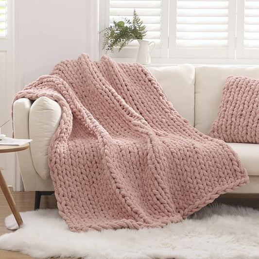 WESHIONGOO Chunky Knit Blanket Throw 50"×60" Knitted Throw Blankets for Couch Bed Fluffy Soft Blanket with Jumbo Chenille Yarn Thick 100% Handmade (Pink)