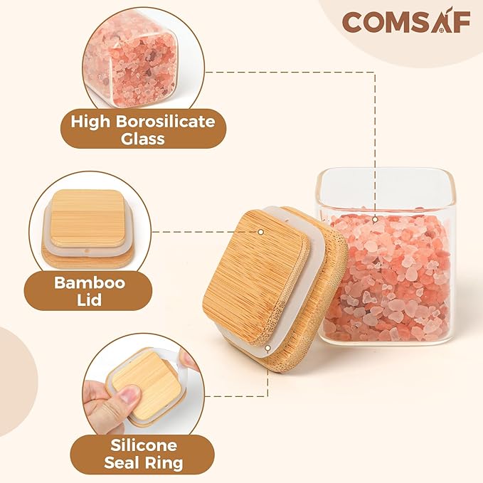 ComSaf 12Pcs Glass Spice Jars with Bamboo Lid, 4oz Airtight Square Spice Containers with 275 Black Lables, Empty Seasoning Jars for Spice Salt Sugar
