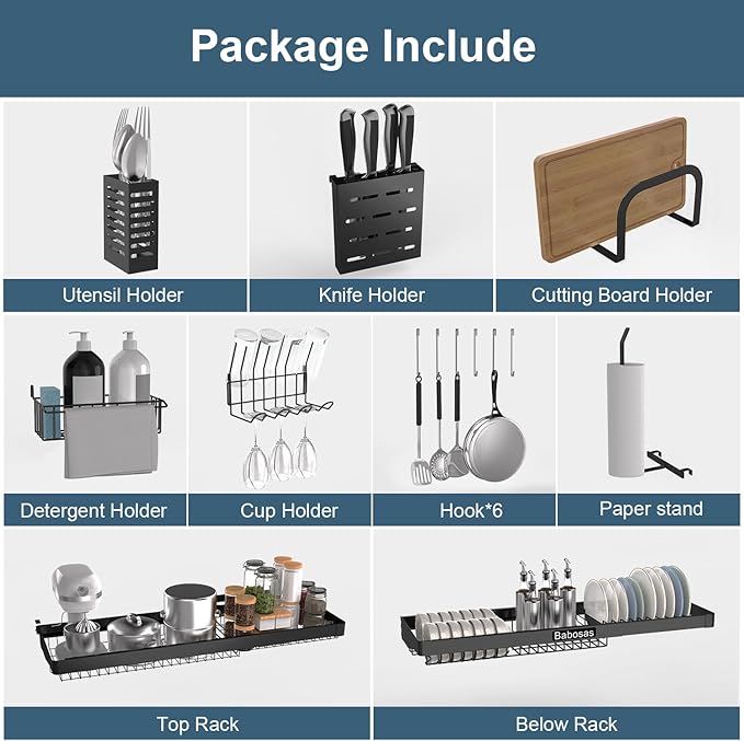 Over The Sink Dish Drying Rack,3 Tier Adjustable Length (25.5'' to 37.4'') Full Stainless Steel Large Storage Kitchen Dish Rack,for Kitchen Counter Expandable Multifunctional Organizers,Black
