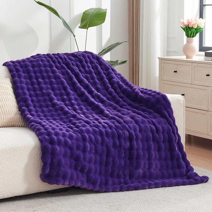 NEWCOSPLAY Faux Fur Throw Blanket Purple Bubble Blanket Thick Warm Soft for Couch Sofa Bed 550GSM (Purple, Throw(50"x60"))