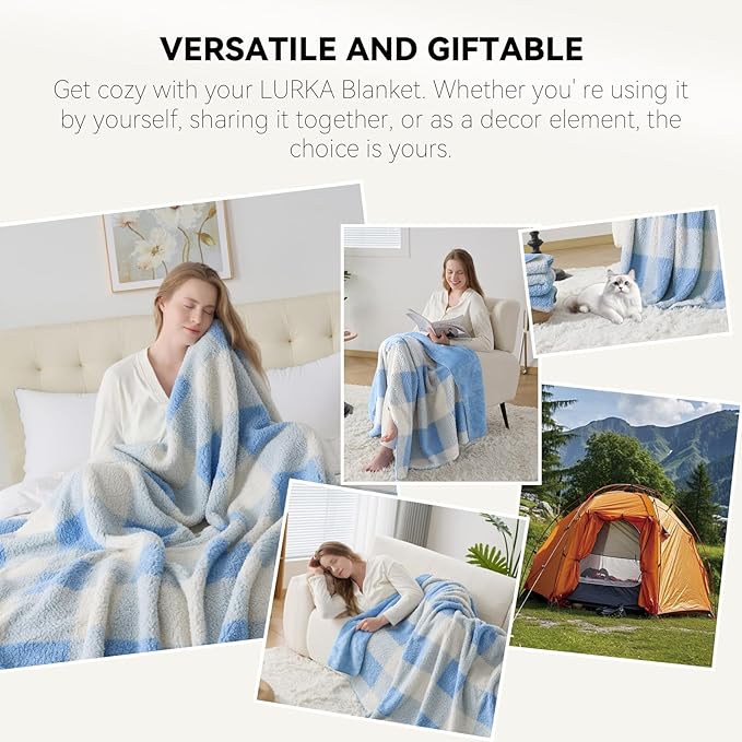 LURKA Checkered Sherpa Fleece Throw Blanket - Extra Thick and Warm Winter Soft Fuzzy Plush Blanket for Couches, Beds & Pets, Glacier, 50x60 Inches