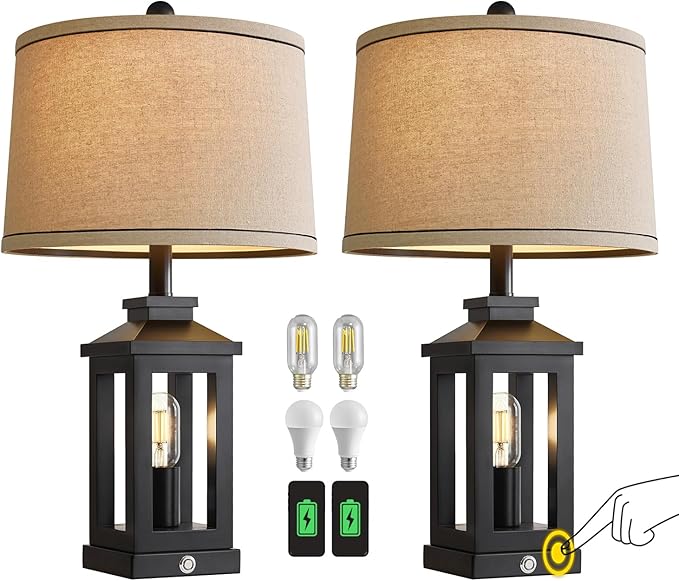 23.75" Retro Farmhouse Black Table Lamp for Living Room Bedroom Nightstand Set of 2 Touch Control Bedside Nightlight Vintage Modern Lamp with USB C+A Ports and 2 Light Sources