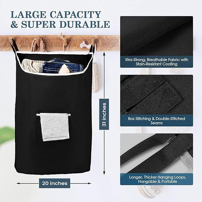 The Fine Living Co. X-Large Hanging Laundry Hamper with Over Door Hooks & Adhesive,Durable Space Saving Laundry Bag with Zipper and Wide Open Top,Hanging Dorm Laundry Hamper 20"x3.75"x31" (Black-XL)