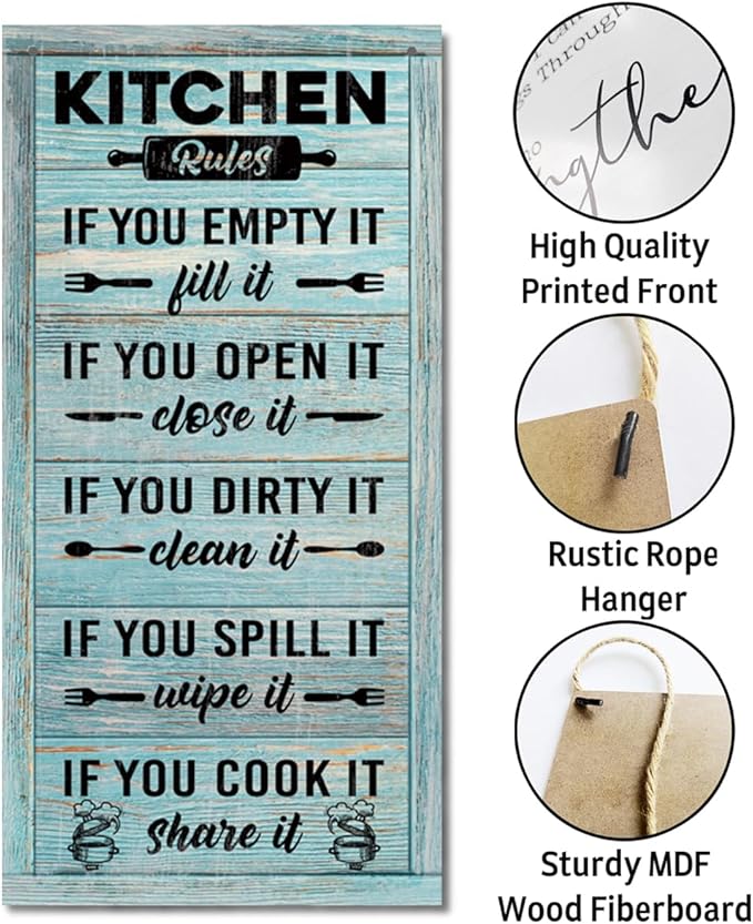 Hanging Kitchen Rules Wood Decor Sign, Rustic Kitchen Wooden Signs, Printed Wood Wall Art Sign, Kitchen Door Rules Rustic Sign, Hanging Wood Sign Kitchen Decor, Funny Farmhouse Kitchen Wall Décor C1