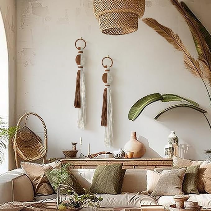 2Pcs Macrame Wall Hanging Boho Home Decor Fiber Art with Sphere Knots Tassels Handmade Yarn Art for Bedroom Living Room Office Entryway