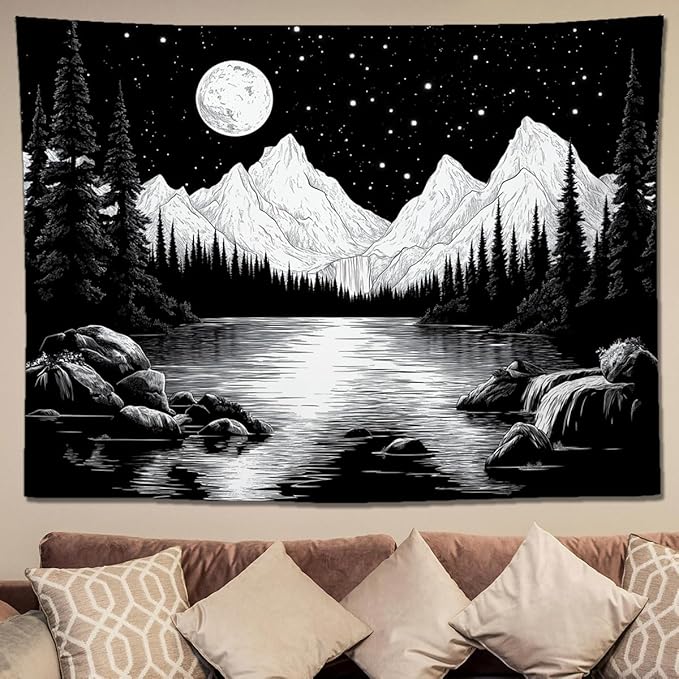 keowhsf Starry Night Mountain Lake Tapestry Black and White Tapestries Aesthetic Moon and Stars Wall Hanging Dark Nature Forest Tapestry for Bedroom Living Room Dorm Decor