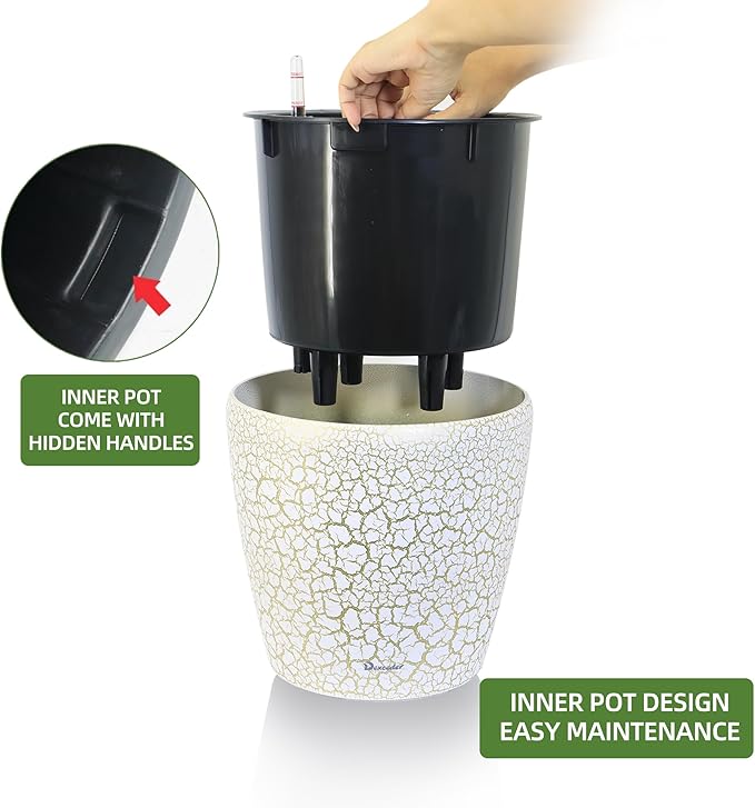Dexceder 9x8 Inches Self Watering Planter Indoor Outdoor, Inner Pot Design, Thickened Table Flower Plant Pot with Water Level Indicator (White Gold Crackle)