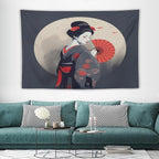 Japanese Woman Geisha Tapestry Asian Red Cherry Blossom Red Sun Traditional Kimono Folk Tapestries Home Decor for Living Room Bedroom Apartment Farmhouse Dorm 90"x60"