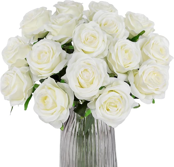 White Fake Roses Artificial Flowers - 10 Pcs Fake Artificial Roses Silk Flowers with Stems for Home Wedding Hotel Office Centerpiece Decor