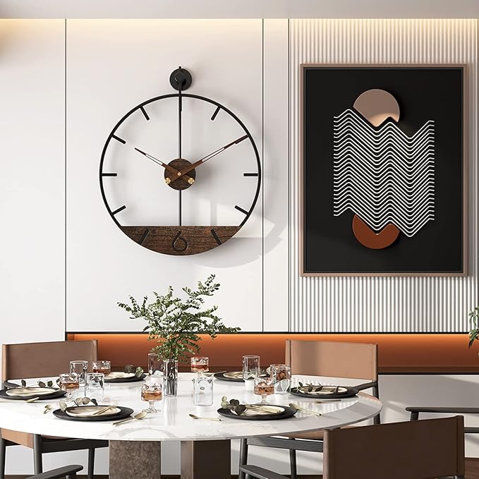 Modern Wood Walnut Dial Wall Clock, Large Simple Wall Decor Metal Frame Silent Non Ticking Clock for Living Room Decor, Kitchen, Bedroom, Study Decoration, Handmade Home Gift Idea, 15.8 in