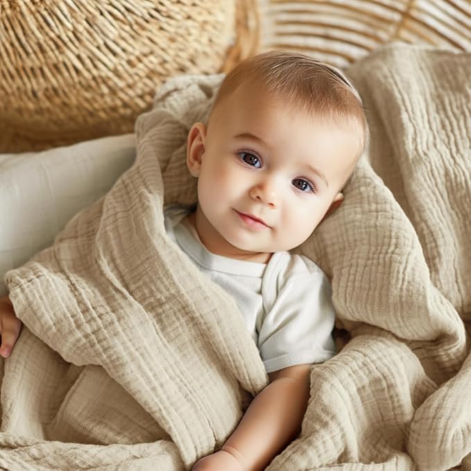EMME Muslin Baby Blankets 100% Cotton 4-Layer Swaddle Baby 40"x50" Lightweight Soft Breathable Cooling Baby Blanket for Toddler, Infant, Newborn, Boys and Girls All Season Gauze Blanket, Light Tan